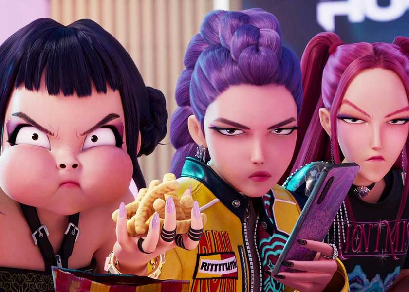 Zoey, Rumi, and Mira staring at the camera with various displeased expressions in KPop Demon Hunters